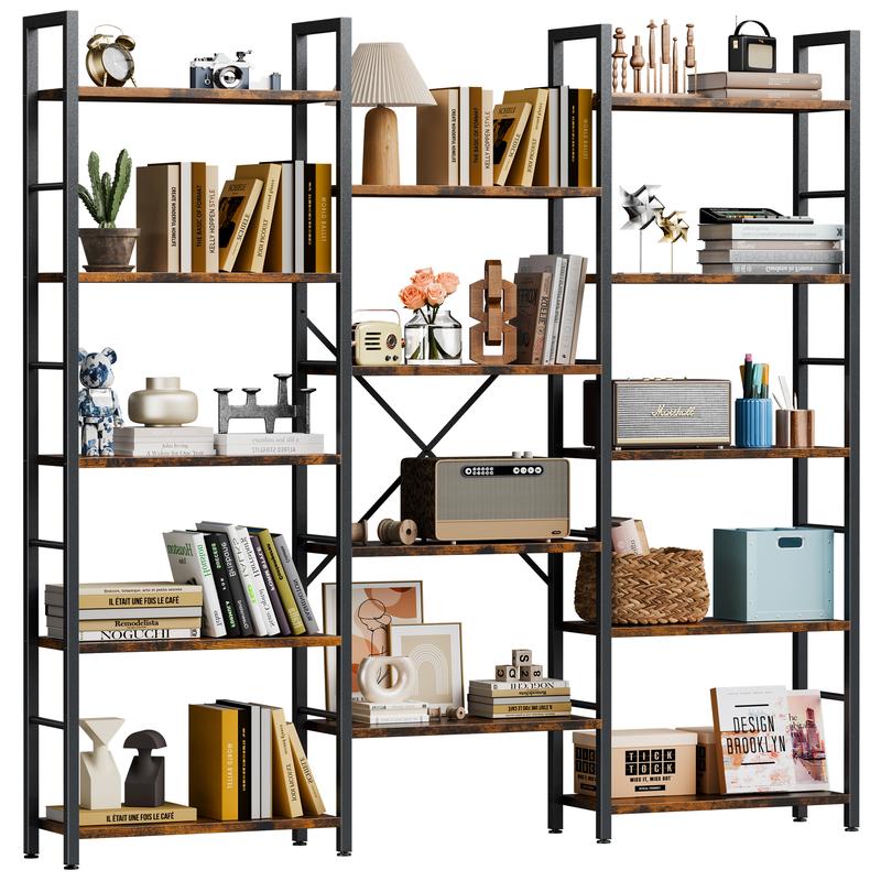 Librería Walsunny de 5 niveles con 14 estantes, estantería abierta con estructura metálica, estantería para oficina en casa, estilo rústico, escalera industrial independiente.