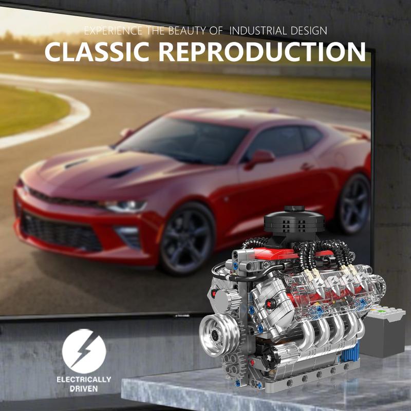 Kit de construcción de motor V8 funcional Kit de construcción de motor V8 eléctrico Juguetes de bloques de construcción de motor V8 Impulsado eléctricamente 487 piezas Kit de modelo Engranajes en funcionamiento Para entusiastas de la ingeniería mecánica R