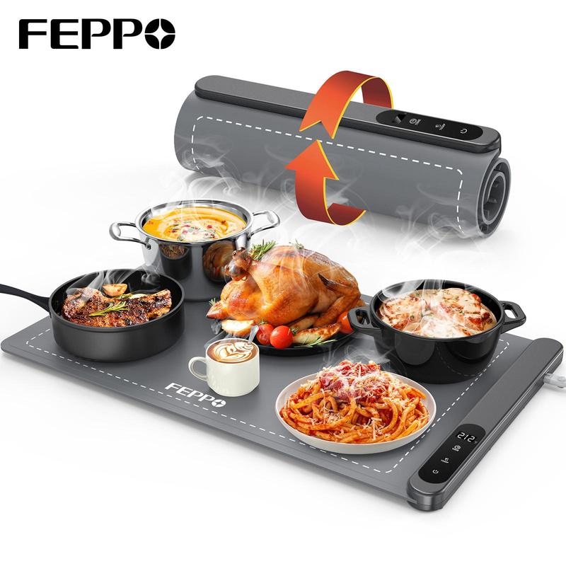 Alfombrilla eléctrica para calentar alimentos FEPPO actualizada con 6 niveles de temperatura y temporizador de 6 horas, calentamiento rápido de toda la superficie, calentador de alimentos enrollable para fiestas y bufés.