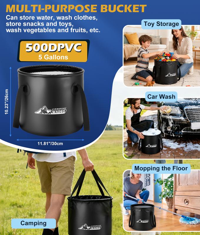 Ducha portátil mejorada 2026 para camping con calentador, ducha de camping recargable con pantalla LED inteligente, cubo plegable de 5 galones, 4 modos de rociado, ducha portátil para viajes, baño de mascotas, lavado de autos