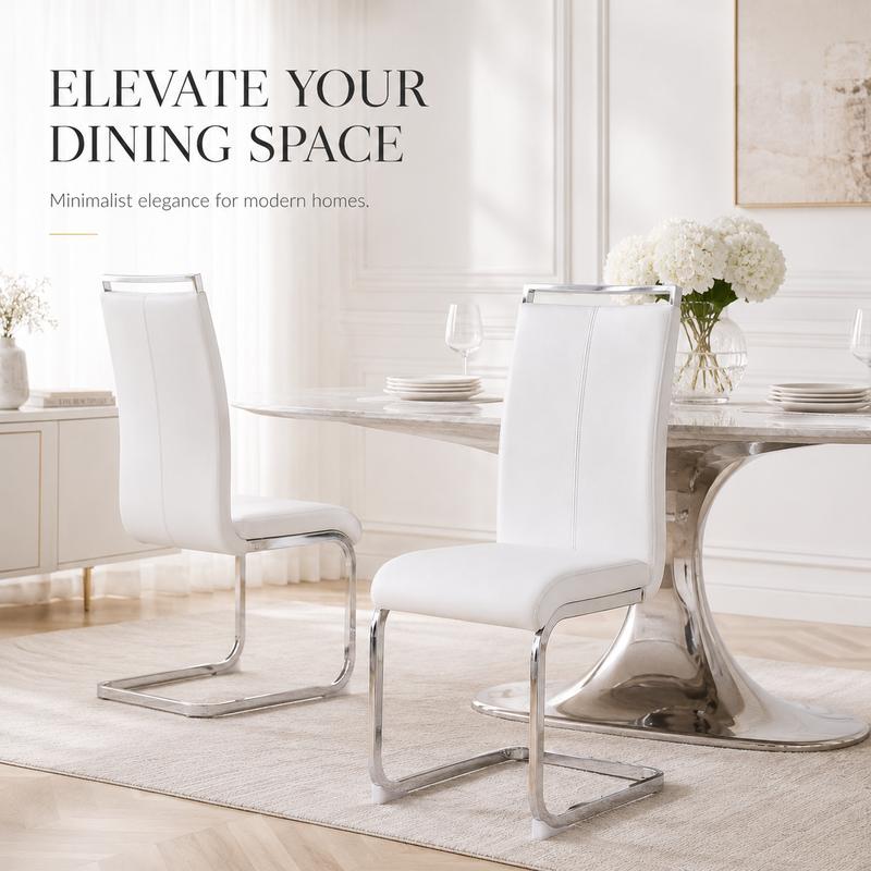 Sillas de comedor modernas, silla lateral tapizada de respaldo alto en piel sintética PU con patas de metal cromado en forma de C para comedor, cocina, tocador, patio, club, silla de oficina para invitados (juego de 4) (blanco + piel sintética PU) Sillón