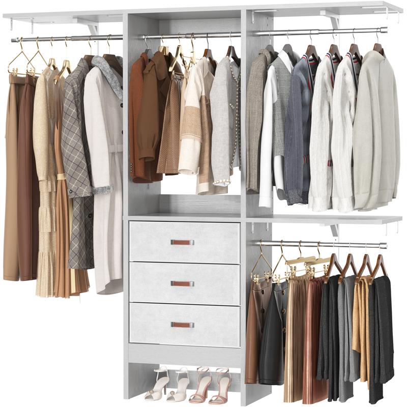 Armario vestidor Cyclysio de 152 cm de ancho con 3 compartimentos - Organizador de armario resistente de 1,5 m con cajones, barras para colgar ropa, 3 estantes y paneles ajustables, muebles para espacios pequeños, ideas de organización del hogar para habi