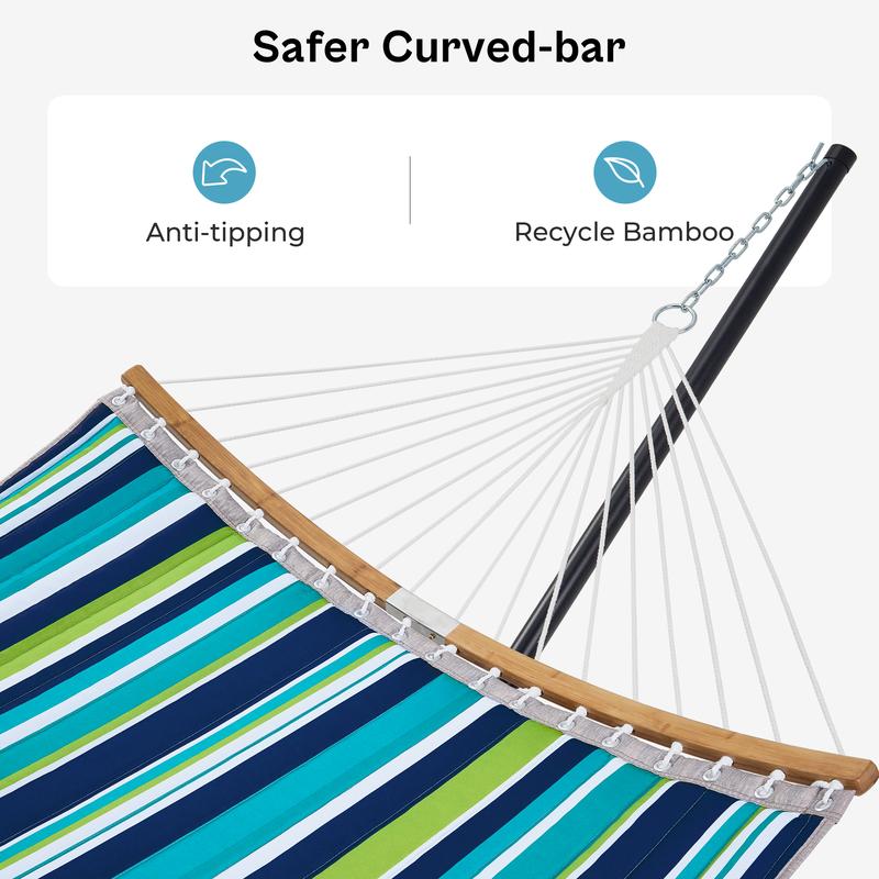 Hamaca doble portátil SUPERJARE de tela ajustable a rayas con soporte, hamaca acolchada de algodón y poliéster de alta resistencia de hasta 204 kg (450 lbs), almohada desmontable, barra curva resistente, bolsa de transporte portátil, ideal para decoración