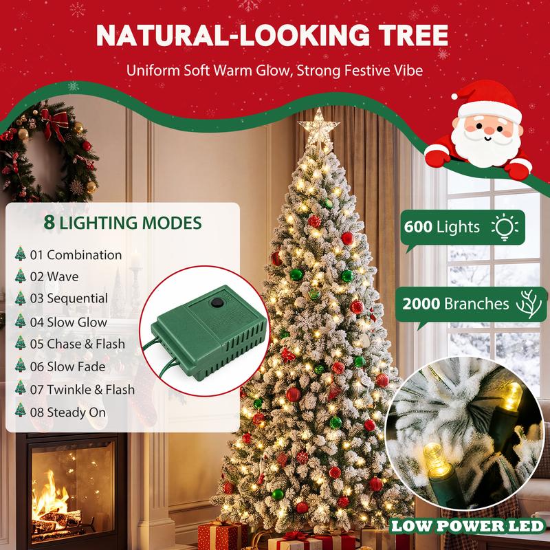 Árbol de Navidad artificial Sweetcrispy preiluminado con efecto nieve - 250 luces LED navideñas de tonos cálidos, 8 modos de iluminación, ramas completas para mayor soporte decorativo, soporte plegable de metal resistente que se mantiene en su lugar, idea