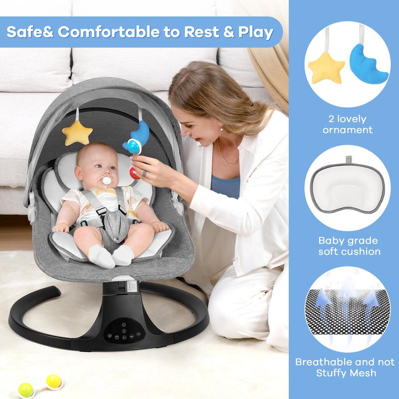 Hamaca eléctrica para bebé con 5 velocidades y 10 nanas, control remoto, respaldo ajustable, conexión Bluetooth, reposacabezas firme, mosquitera, para uso en interiores.