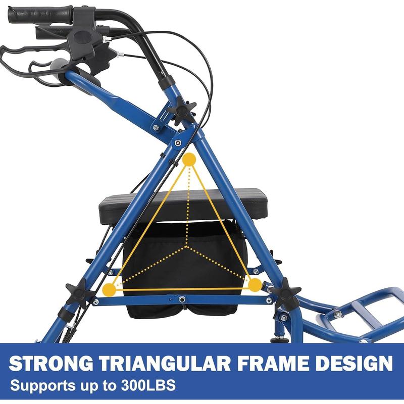 Andador plegable Garvee para personas mayores, asiento y respaldo acolchados, asas ergonómicas, bolsa de almacenamiento, reposapiés resistente, color azul.