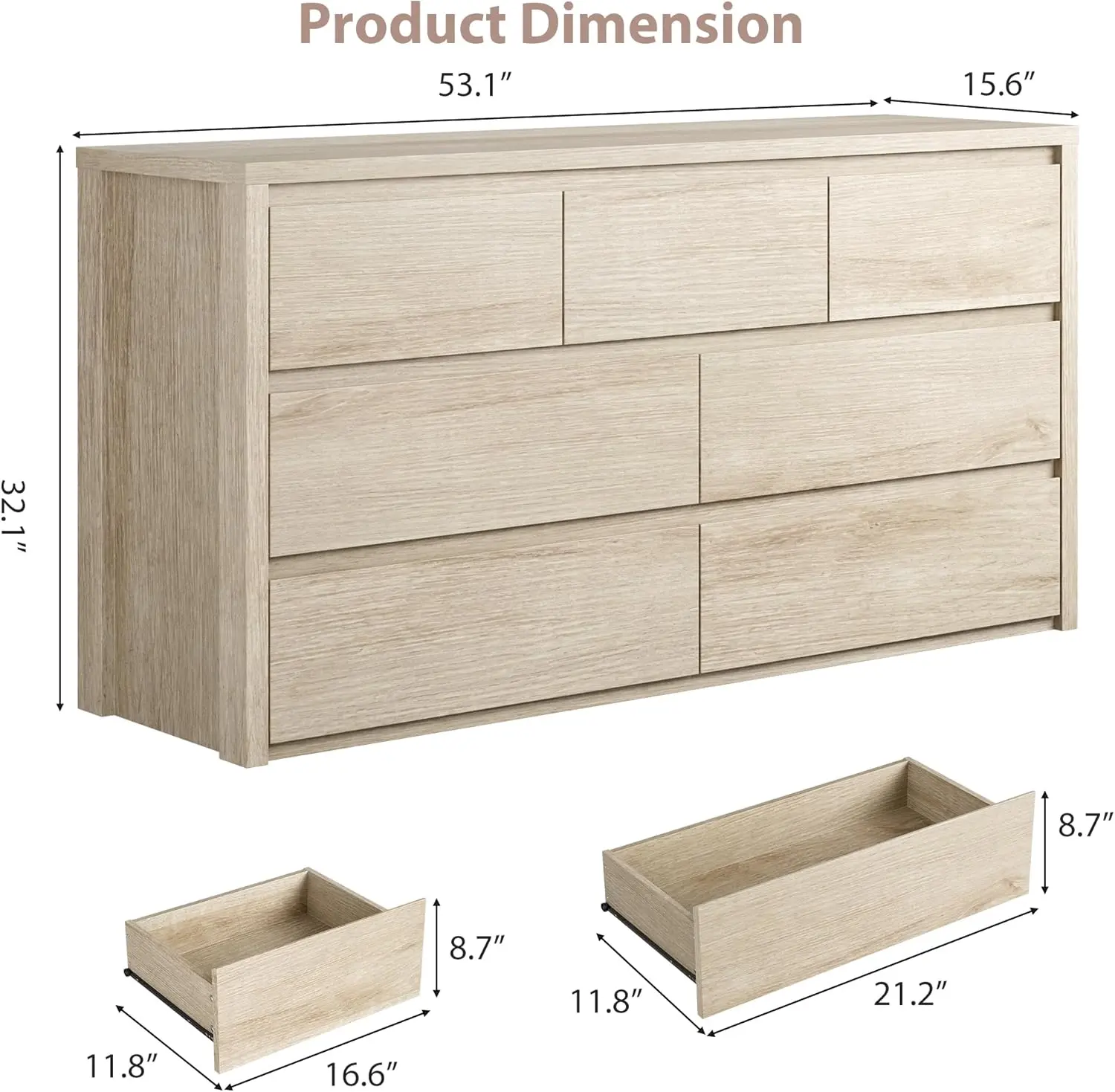 Cómoda moderna de madera con 7 cajones para dormitorio y sala de estar