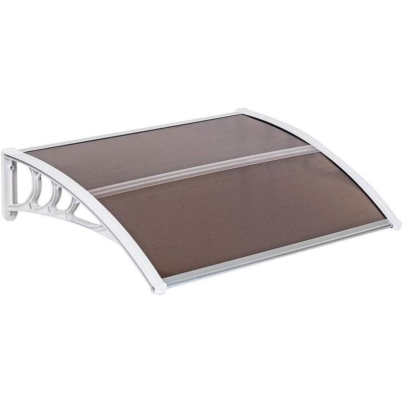 Toldo para ventana y puerta Ubesgoo, cubierta de policarbonato para puerta principal, toldo para patio exterior, protección UV, lluvia, nieve y luz solar, lámina hueca, tablero marrón y soporte blanco.