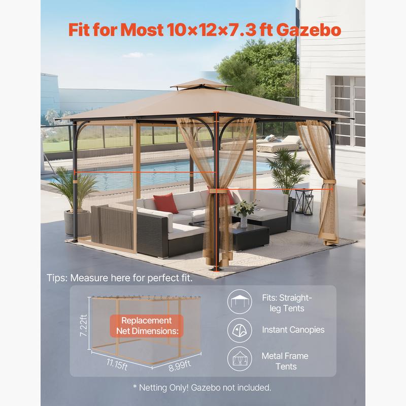 Malla de repuesto para cenador VEVOR, compatible con la mayoría de cenadores de 3 x 3,6 x 2,2 m, malla para cenador de jardín exterior, cortina de malla lateral de 4 paneles para cenador, malla antimosquitos para patio con doble cremallera, pantalla para 