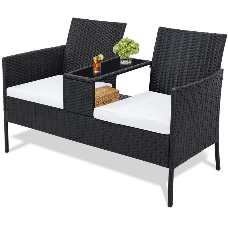 Conjunto de conversación de mimbre para patio de 2 plazas, sofá de dos plazas de ratán para exteriores con mesa, fundas de cojín lavables, patio trasero, jardín, césped, ratán negro con cojín negro, jardín de verano, decoración del hogar, artículos esenci