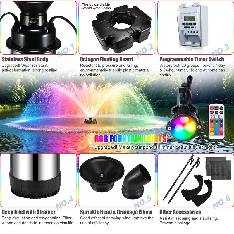 Aireador para fuente de estanque Goldlife F4, con 4 luces RGB, 110 V, 1 HP, 750 W, 15000 GPH, cable de alimentación de 30 m, potente bomba aireadora para fuentes de agua exteriores, estanques pequeños y grandes, lagos y jardines.
