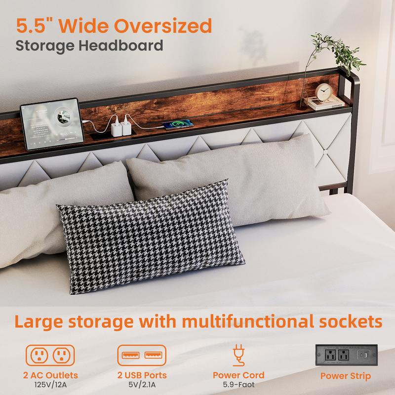 Estructura de cama completa con cabecero, espacio de almacenamiento debajo de la cama, puertos de carga integrados, diseño robusto y silencioso, montaje sin herramientas, no requiere somier.