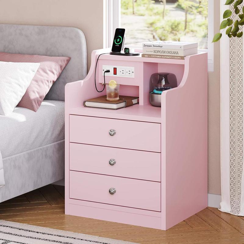 Mesita de noche Sikaic con estación de carga, mesita de noche rosa con estantería, mesita de noche con cajones, mesita de noche con almacenamiento, muebles para el hogar, artículos esenciales para dormitorios universitarios.