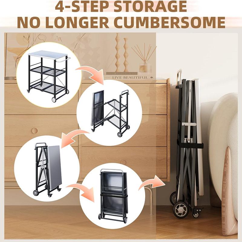 Mesa de barbacoa exterior de acero inoxidable con soporte para horno de pizza, mesa plegable de 3 niveles con ruedas, isla de cocina portátil para apartamentos, estudios y cocinas en el patio trasero, acabado negro.