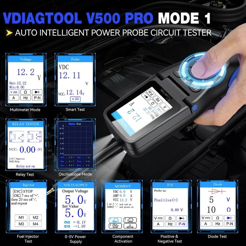 Probador automotriz VDIAGTOOL V500 Pro 2026 - Probador de relés de batería automotriz, herramienta de verificación de voltaje para automóviles, sonda de circuito de 9V-30V, buscador de disyuntores, multímetro, osciloscopio, buscador de circuitos abiertos