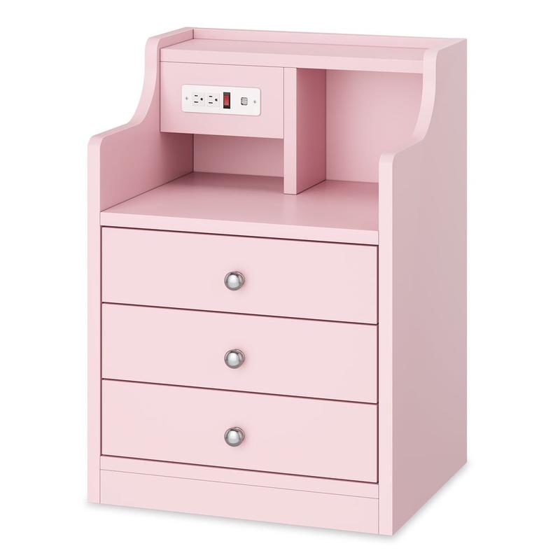 Mesita de noche Sikaic con estación de carga, mesita de noche rosa con estantería, mesita de noche con cajones, mesita de noche con almacenamiento, muebles para el hogar, artículos esenciales para dormitorios universitarios.
