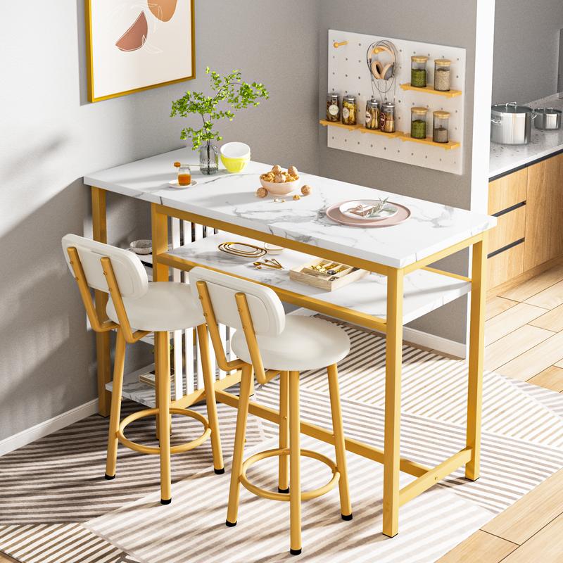 Juego de 3 mesas y sillas de bar AWQM, mesa moderna de imitación mármol blanco con 2 taburetes de bar con cojines de PU, mostrador de cocina con estantes de almacenamiento de 3 niveles, mesa que ahorra espacio para el hogar y la cocina, marco negro, juego