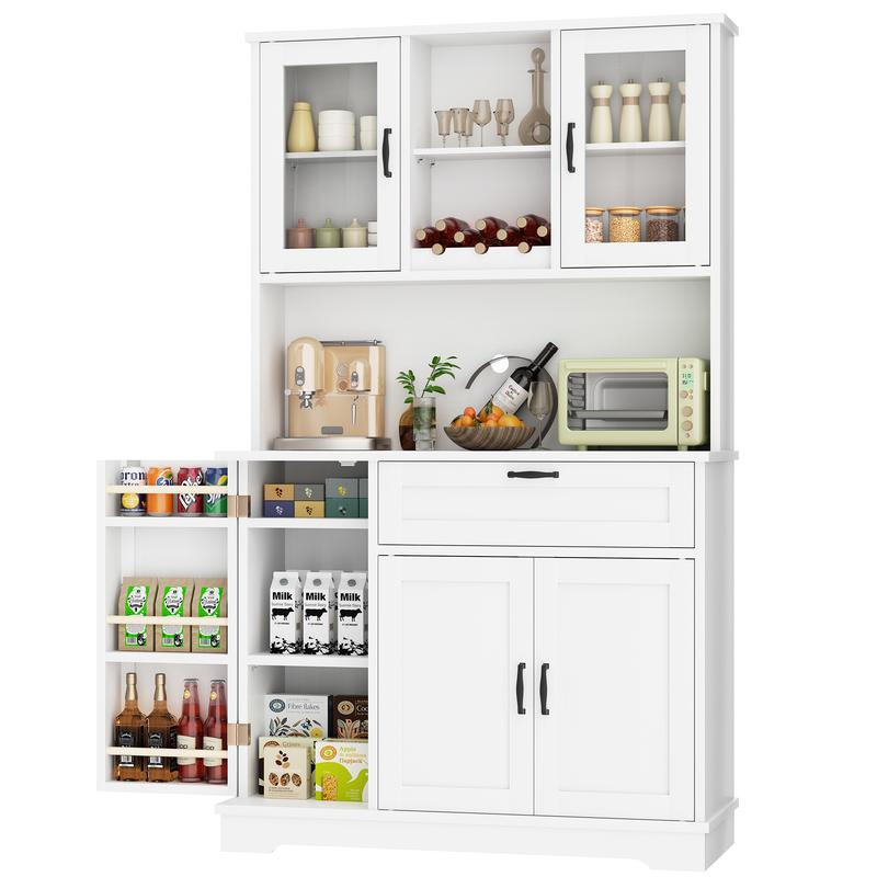 Armario de cocina Walsunny ajustable, aparador independiente con soporte para microondas, 4 puertas con estantes, estantes ajustables y botellero, color blanco.