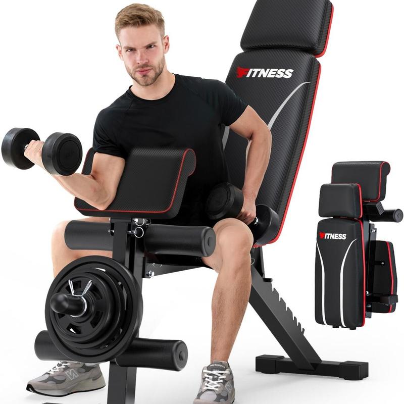 Banco de pesas plegable, capacidad de peso de 880 libras, disco de pesas no incluido, banco de entrenamiento para gimnasio en casa, banco para hacer ejercicio, equipo de entrenamiento de abdominales con inclinación y declinación, extensión de piernas y al