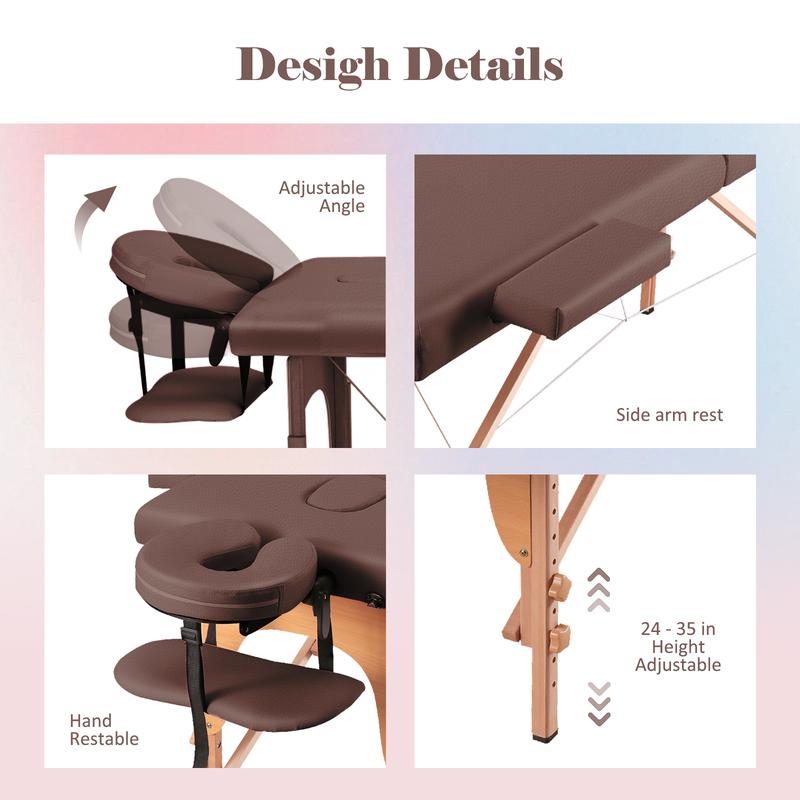 Mesa de masaje portátil ancha, sillón reclinable plegable de 213 cm (84 pulgadas), camilla de spa ajustable en 9 alturas con estuche de transporte, reposacabezas, color marrón (muebles para camping y senderismo).