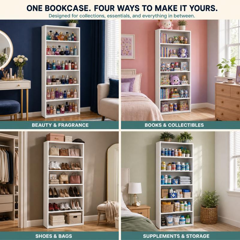 【Almacenamiento y exhibición de 6 niveles】 Librería y estantería independiente delgada IRONCK de 160 cm de altura para el hogar, la oficina y espacios pequeños, color blanco