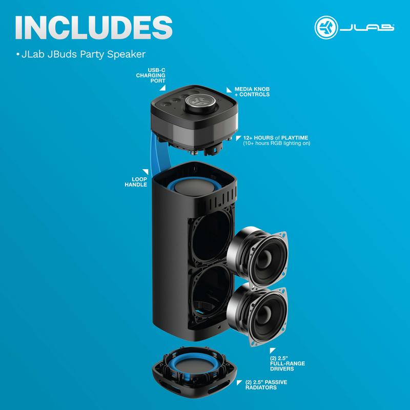 Experiencia Bluetooth épica de JLab: Altavoz Bluetooth Epic Party y conjunto de 2 altavoces JBuds Party, conexión Labsync.