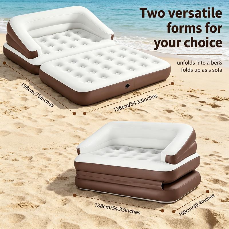Sofá cama inflable convertible 5 en 1, tamaño individual, con respaldo alto y asiento profundo, portátil para acampar y viajar, incluye bomba de aire, diseño convertible 5 en 1, portátil y práctico.
