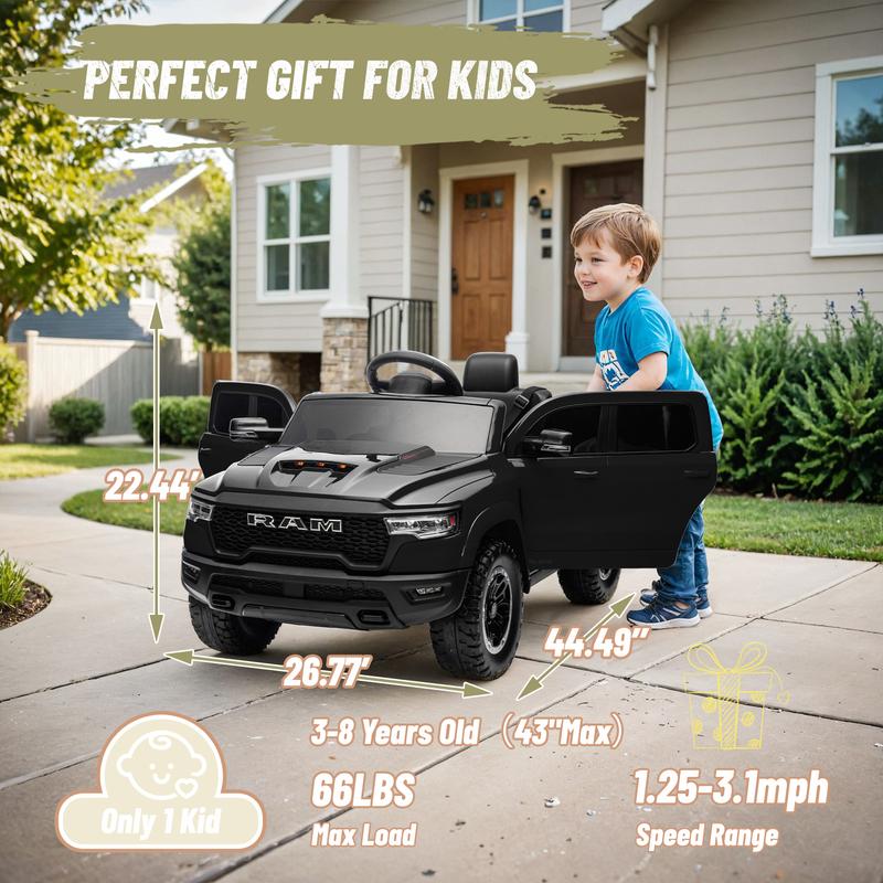 Primer coche eléctrico infantil Dodge RAM 1500 con control remoto, suspensión en las 4 ruedas, cinturón de seguridad de 5 puntos, Bluetooth MP3, luces LED, juguete eléctrico para niños de 3 a 6 años, el mejor regalo de Navidad para niños, Black Friday