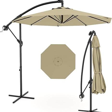 Sombrilla de patio voladiza de 3 metros con inclinación infinita | Luces LED solares, base en cruz y gran sombrilla para exteriores, ideal para jardín, piscina o césped.