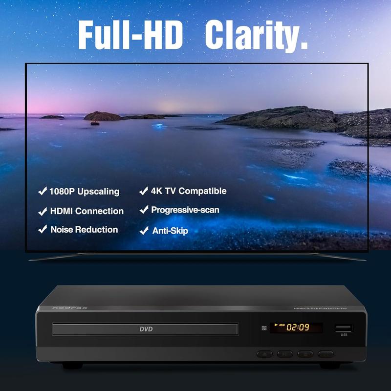Reproductor multimedia de DVD delgado, reproductor de video HD 1080p, conexión a TV, multirregión, compatible con CD domésticos, soporte de audio digital, puerto USB, control remoto, carcasa resistente, antichoque, plug-and-play, función de presentación d