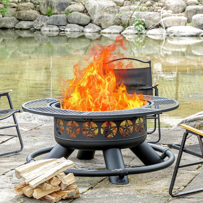 Brasero de exterior de 119 cm con 2 parrillas, brasero de barbacoa extragrande para exteriores, brasero redondo de metal con tapa y atizador, chimenea de exterior de leña 3 en 1 para patio trasero, terraza o fogata.