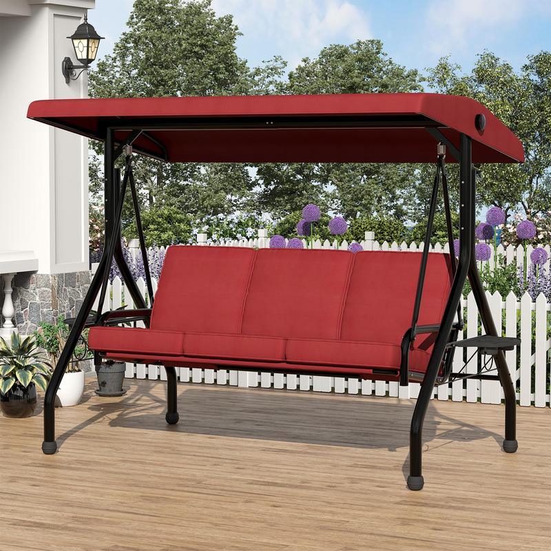 Silla colgante de exterior de 3 plazas con respaldo y toldo ajustables, cojines gruesos extraíbles, portavasos, estructura de acero resistente a la intemperie, banco sofá para patio, jardín, terraza o balcón, color marrón.