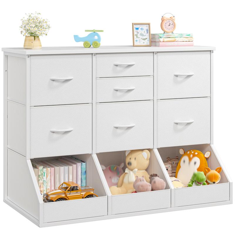 Organizador de almacenamiento Raybee de 99 cm de ancho con 7 cajones con cierre, 3 cajones con diseño de apertura espaciosa, estantería alta y librería para niños y niñas, cómoda moderna, mueble para el hogar que ahorra espacio para sala de juegos, aula, 