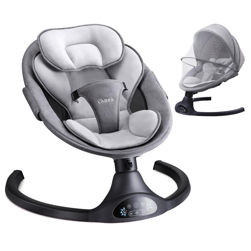 Columpio para bebés LAREX | Hamaca eléctrica para bebés, columpio portátil para niño o niña, mecedora de interior con control remoto, 5 velocidades de balanceo, 1 posición de asiento, 10 melodías y Bluetooth (Negro)