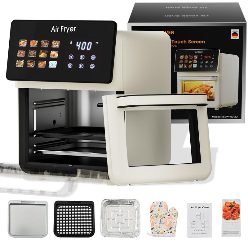 Horno freidora de aire XL Pro de 10 litros con función de parrilla integrada para encimera de cocina, horno de convección inteligente 12 en 1, freidora de aire con ventana de cristal, cesta antiadherente, revestimientos para freír, puerta extraíble - Blan
