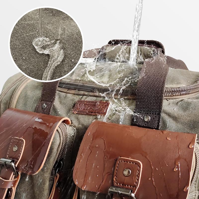Bolsa de lona encerada vintage para hombre, grande, impermeable, de 50-60 litros, con detalles de cuero, expandible, ideal para viajar. Regalo para el Día del Padre. Ideas para regalos del Día del Padre. Regalo para papá.
