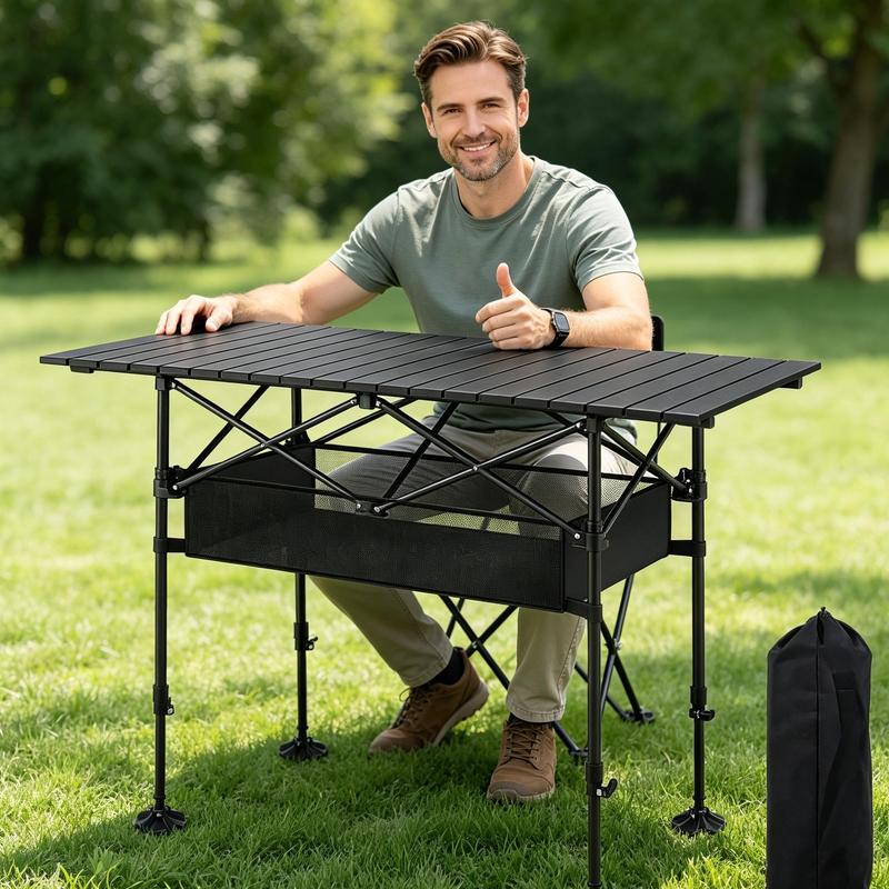 Mesa de picnic plegable portátil AORAN para exteriores, con estructura de acero resistente, mesa plegable ultraligera y compacta con gran cesta de almacenamiento de malla, diseño desmontable para playa, camping, viajes, barbacoas en el jardín y picnics.