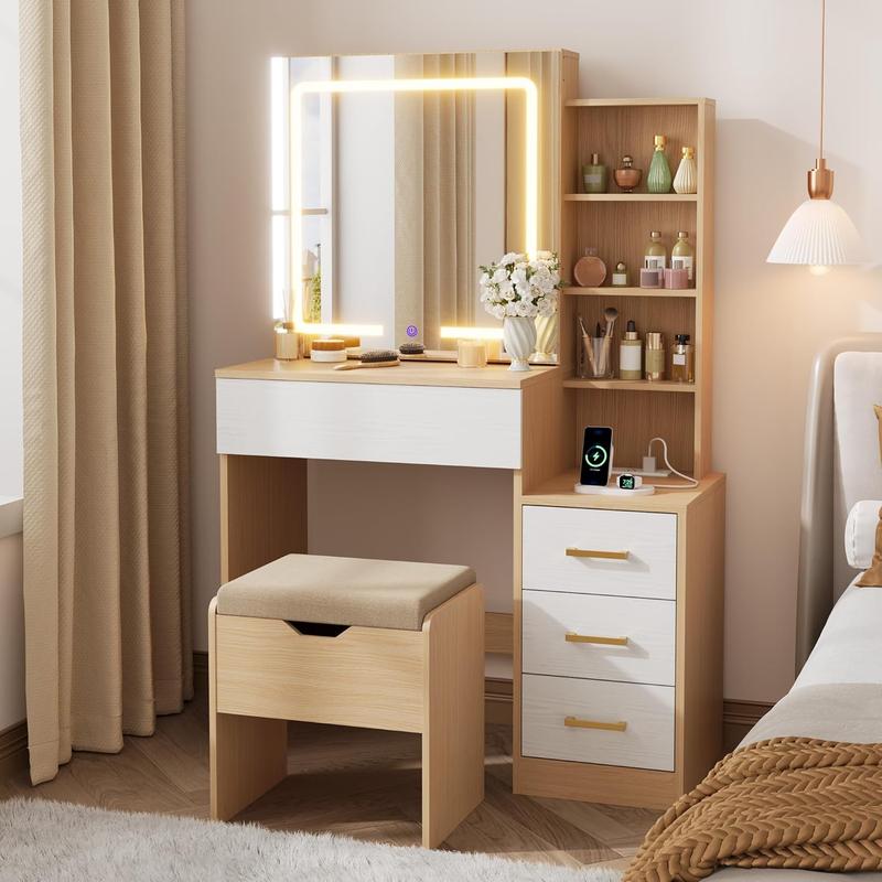 Tocador con espejo y luces, conjunto de mesa y silla de tocador con 4 cajones y estación de carga, tocador con espejo deslizante LED, color natural y blanco.
