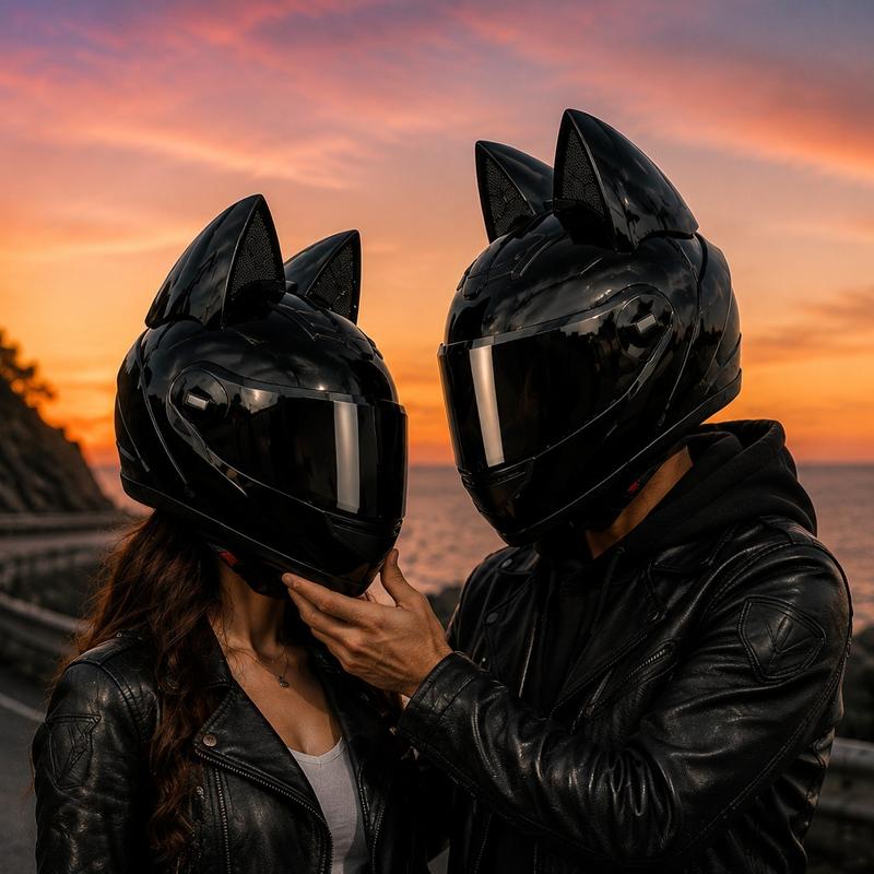 Casco de moto LeLW con orejas de gato, bonito casco integral para mujeres y hombres, casco de seguridad con certificación DOT, doble visera, forro extraíble y lavable, compatible con Bluetooth, sistema de ajuste regulable, incluye bolsa para el casco.