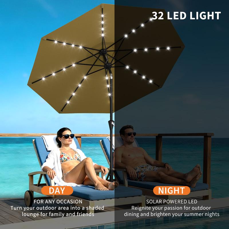Sombrilla de exterior Garvee Modern de 300 cm (9 pies) resistente con luces LED solares, estructura de 8 varillas de alta resistencia, doble inclinación de 30°, manivela de fácil uso, sombrilla de protección solar resistente a la intemperie para jardín, b