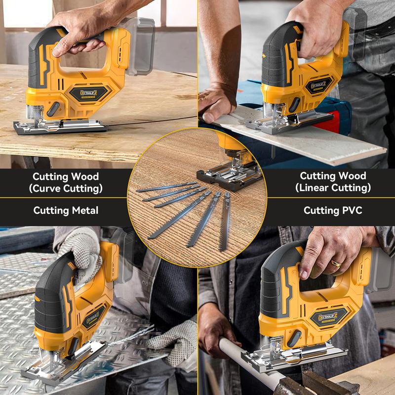 Sierra de calar inalámbrica compatible con batería Dewalt de 20 V (¡¡SIN BATERÍA!!), herramienta de sierra de calar sin escobillas, 2900 RPM, bisel de 0° a 45°, 3 acciones orbitales, luz LED para corte recto/curvo. Herramienta eléctrica para la vuelta al 
