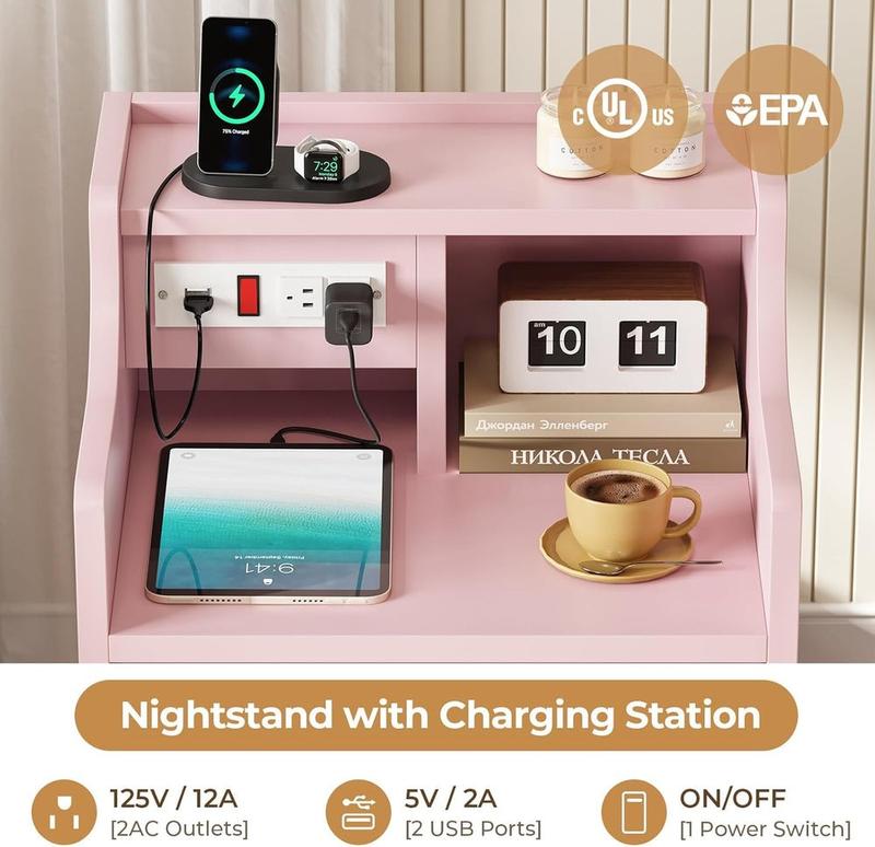 Mesita de noche Sikaic con estación de carga, mesita de noche rosa con estantería, mesita de noche con cajones, mesita de noche con almacenamiento, muebles para el hogar, artículos esenciales para dormitorios universitarios.