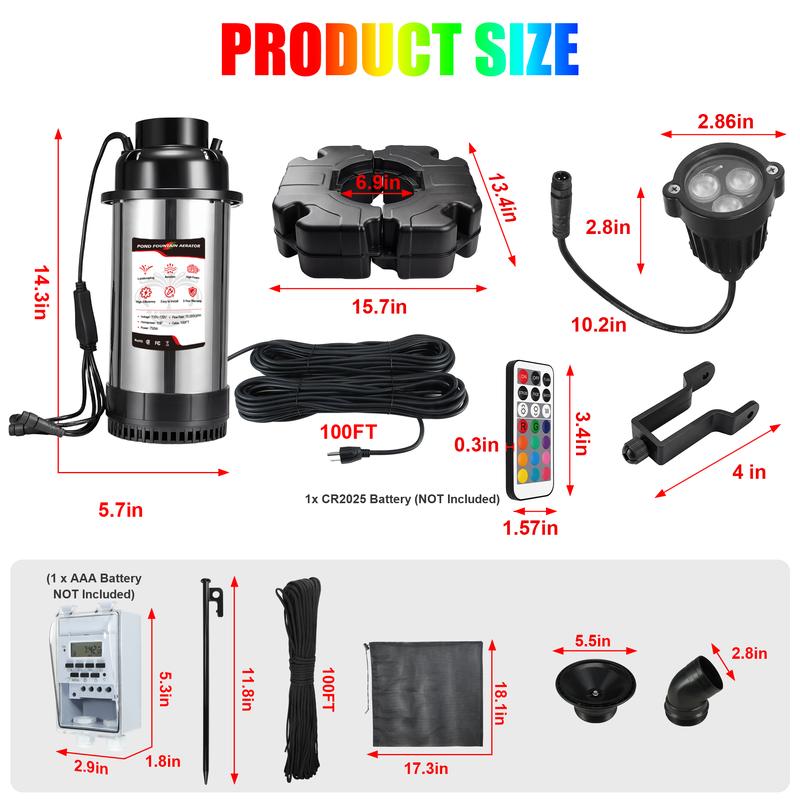 Aireador para fuente de estanque Goldlife F4, con 4 luces RGB, 110 V, 1 HP, 750 W, 15000 GPH, cable de alimentación de 30 m, potente bomba aireadora para fuentes de agua exteriores, estanques pequeños y grandes, lagos y jardines.