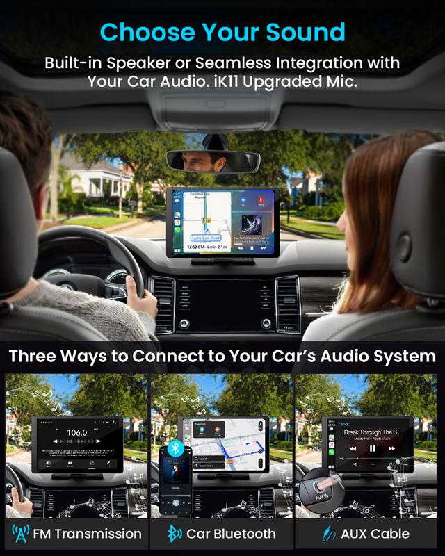 Pantalla inalámbrica extragrande de 11" con Apple CarPlay para coche – Estéreo para coche con pantalla táctil ultradelgada de 0,16 pulgadas con Android Auto, cámara de salpicadero 4K, cámara de marcha atrás 1080p, GPS, Mirror Link, control por voz, tarjet
