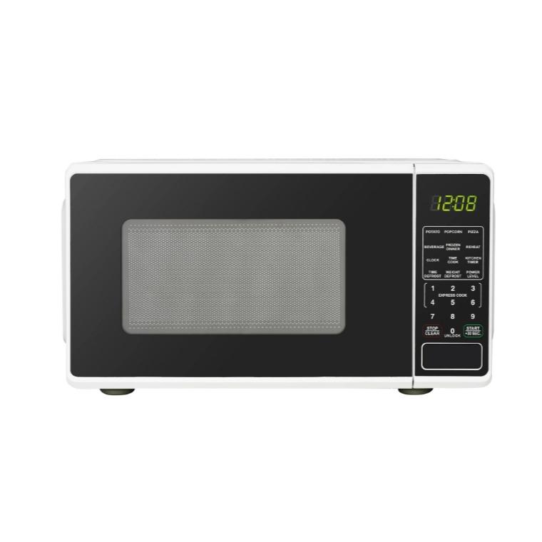 Horno microondas de encimera negro de 0,7 pies cúbicos, 700 vatios, diseño compacto, ideal para cocinar y hornear.