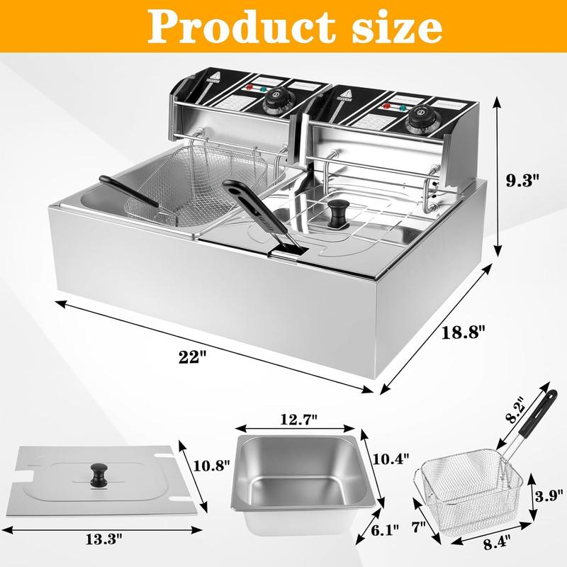 Freidora de doble cesta de 3400 W - Freidora eléctrica de acero inoxidable de 12 L con control de temperatura independiente, depósitos de aceite desmontables y tubos calefactores en forma de U.