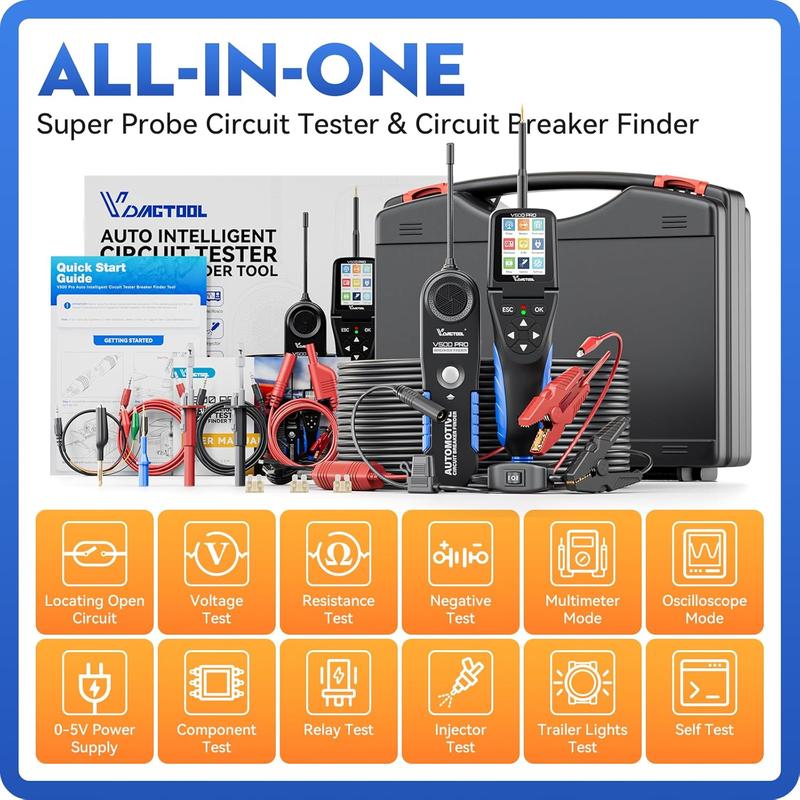 Probador automotriz VDIAGTOOL V500 Pro 2026 - Probador de relés de batería automotriz, herramienta de verificación de voltaje para automóviles, sonda de circuito de 9V-30V, buscador de disyuntores, multímetro, osciloscopio, buscador de circuitos abiertos