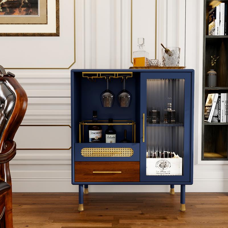 Mueble bar HLR verde esmeralda con detalles dorados, detalles de ratán, almacenamiento de doble zona de 94 cm y cajón extraíble: muebles de estilo clásico para apartamentos, muebles para estudios, ideal para quienes disfrutan del entretenimiento en casa,