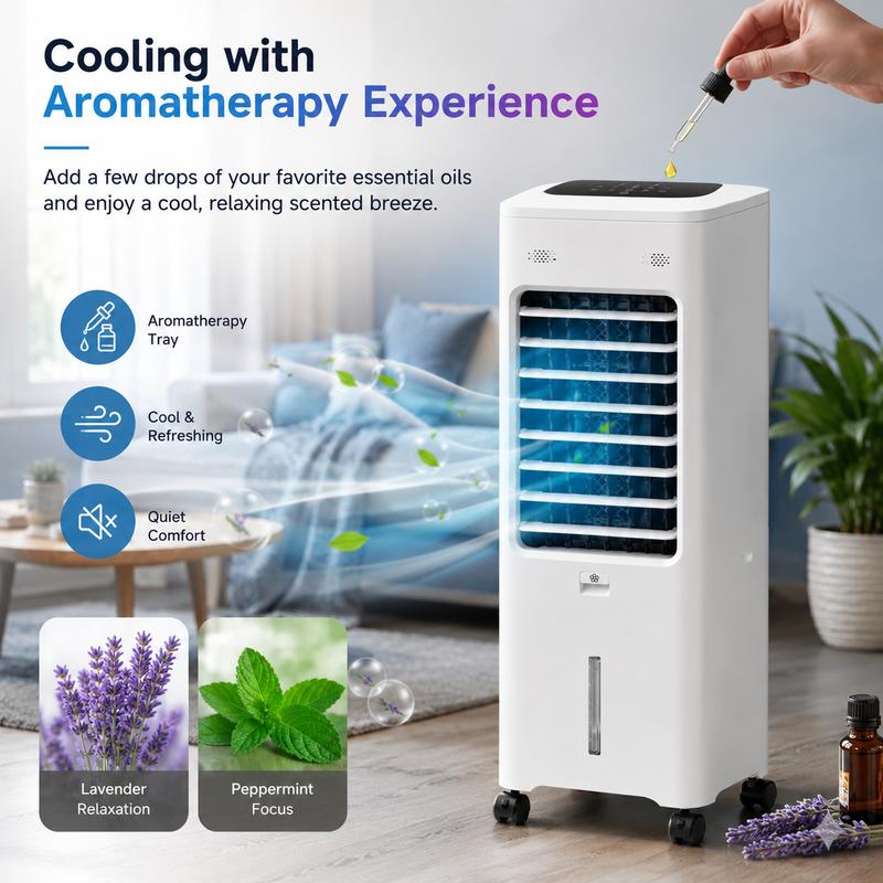Ventilador enfriador de aire portátil - Humidificador enfriador sin ventilación de 3.5 galones con 2 cajas de hielo reutilizables, control remoto inalámbrico, temporizador programable de 9 horas, oscilación de 110°, 3 modos de enfriamiento, 4 niveles de v