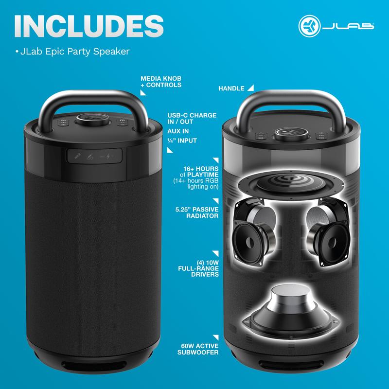 Experiencia Bluetooth épica de JLab: Altavoz Bluetooth Epic Party y conjunto de 2 altavoces JBuds Party, conexión Labsync.